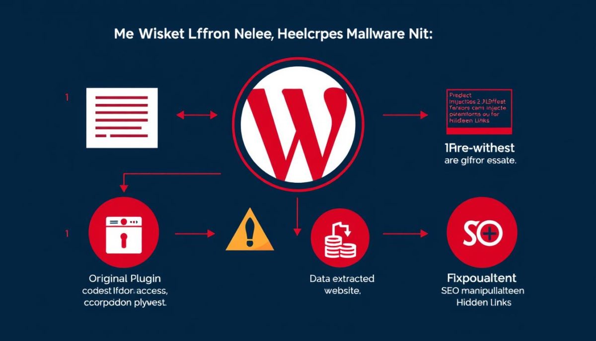 Malware injection process in nulled plugins showing how hackers exploit WordPress sites